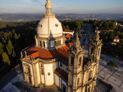Sameiro Sanctuary drone aerial view in Braga, Portugal. Sunset. Sunny day