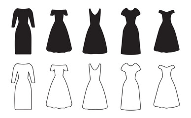 Woman dress fashion silhouettes set, frock ico, isolated white background