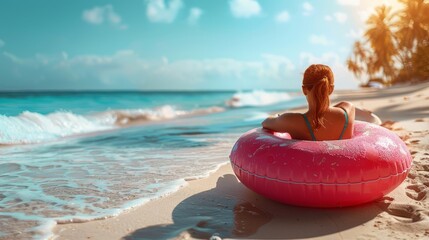 Woman relaxing on a beach with inflatable ring on sunny day