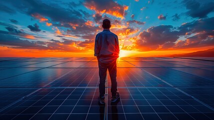 Person standing on solar panels, watching a vibrant sunset with dramatic clouds, symbolizing renewable energy and sustainable future.