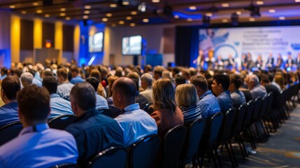 Large audience attending a business conference in a well-lit auditorium with a stage and presenters in the background.