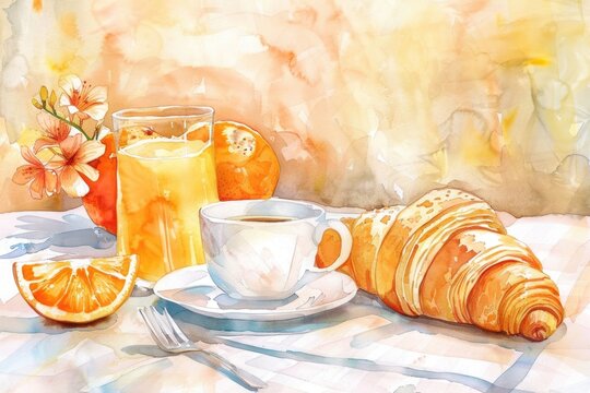 French Breakfast Delight. Croissant, Orange Juice, and Coffee Table Setting in Watercolor Illustration