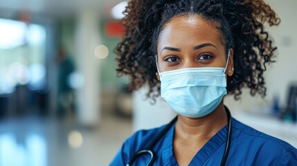 Confident female healthcare worker wearing a mask, standing in a hospital hallway, symbolizing strength and dedication in the medical field.