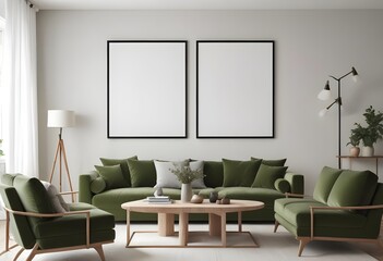 Obraz premium Frame mockup, ISO A paper size. Living room poster mockup. Modern interior design. Living room Interior mockup with house background. 3D render