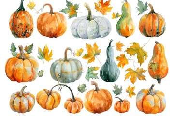 Hand Drawn Watercolor Pumpkin Set for Autumn Harvest Decoration