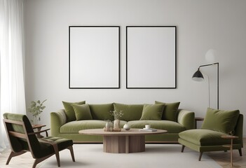 Fototapeta premium Frame mockup, ISO A paper size. Living room poster mockup. Modern interior design. Living room Interior mockup with house background. 3D render