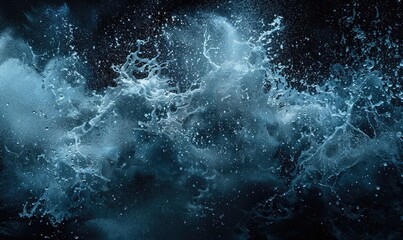 Controlled water explosion, blue water splashes on black background