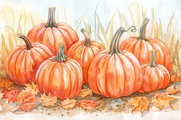 Hand-drawn Harvest Festival Greeting Card with Watercolor Pumpkins and Autumn Vegetables