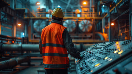 Industrial worker in safety gear monitoring a control panel in a dimly lit factory environment.