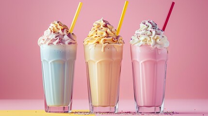 Assorted milkshake flavors on isolated background. Milkshake drink frontal view