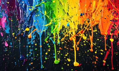 Detailed image of paint splattering, rainbow splashes on black background
