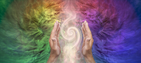 Working with high vibe double spiral spectrum healing energy - male hands sensing vortex energy in...
