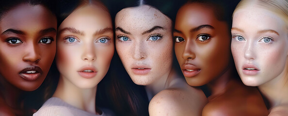 Obraz premium Beautiful diverse woman. Face shot of multiple women of all races. Banner with girls of different ethnicity and skin color. Diversity, Unity, skincare, cosmetics, youth, women day