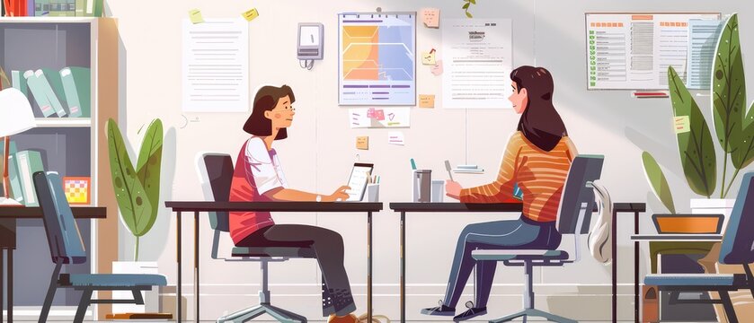 Two people sitting oposite each other at a table and talking about something in the office room.