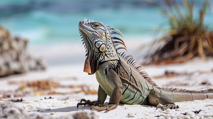 Green Iguana on a Tropical Beach