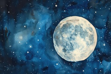 Hand-painted Watercolor Illustration of Full Moon in Dark Night Sky