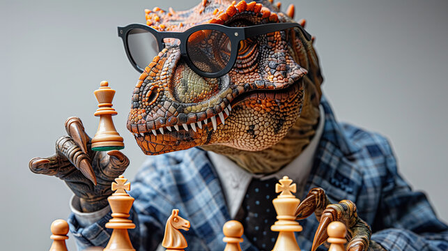 Portrait of the dinosaur wearing transparent glasses and plaid suit holding a chess figure, business strategy concept