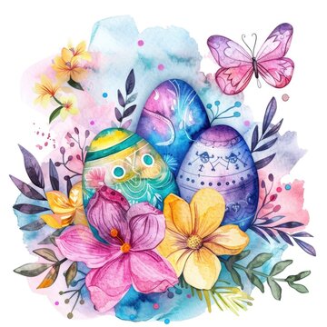 Heavenly Easter Blessings: Vibrant Watercolor Card with Easter Symbols and Hand-drawn Elements