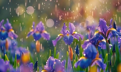 Irises under the rain, nature background