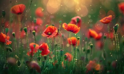 Fototapeta premium Poppies under the rain, closeup view