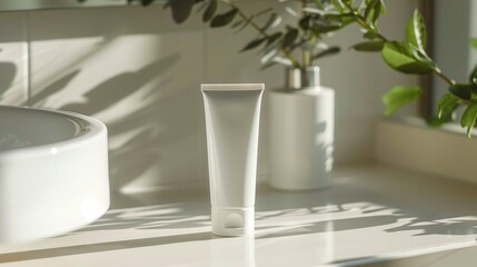 A blank white tube with screw cap for cosmetics packaging.