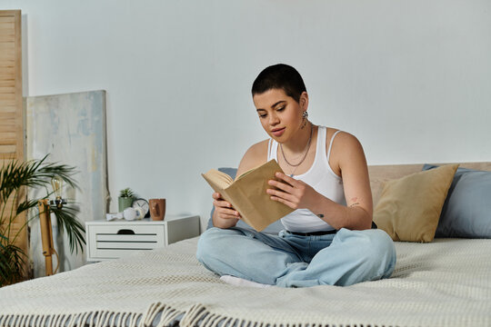 A woman with short hair in casual attire, immersed in reading while seated on a bed. - Powered by Adobe