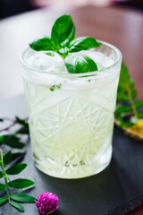 A close-up of a frothy beverage with basil, capturing the elegance of the glass design