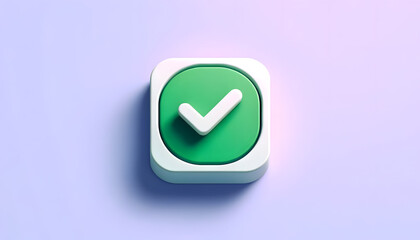 a green rounded square with a white checkmark in the center, floating against a light lavender background.