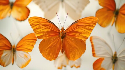 Butterflies from tropical regions with orange coloring against a white backdrop