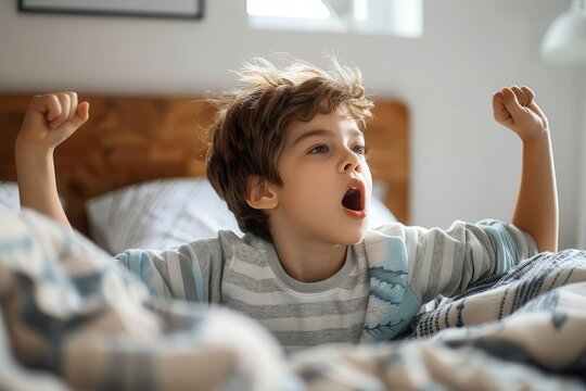 Adorable boy waking up with a wide yawn and stretching arms in a cozy bed - Powered by Adobe