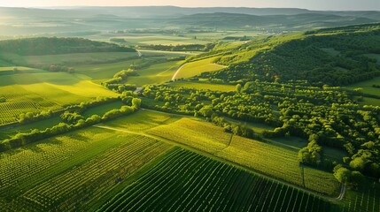 Scenic aerial landscape of lush green and golden farm fields in natural surroundings