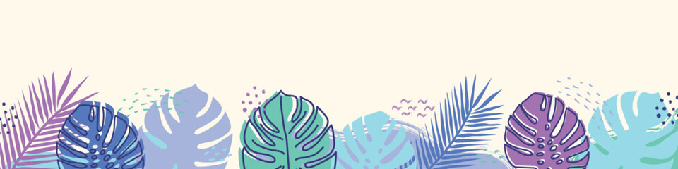 Abstract summer banner with hand drawn leaves. Panoramic header. Vector illustration