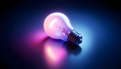 a glowing light bulb lying on its side, emitting a soft warm purple light. The light reflects off a dark surface, creating a mix of blue and pink reflections.