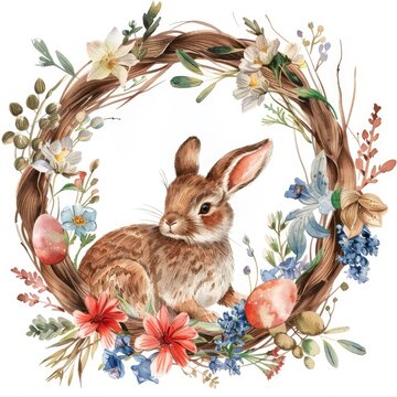Rustic Easter Wreath with Bunny and Spring Flowers Watercolor Illustration
