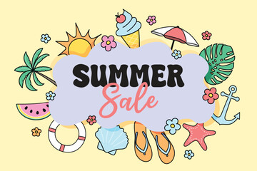 Colourful Summer Sale background with beach symbols. Vector illustration