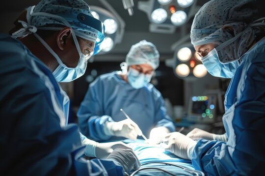 An intimate view of a medical team engaged in a surgical operation under surgical lights