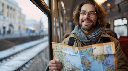 A content man with glasses is holding a map, suggesting travel or tourism, while sitting by the train window