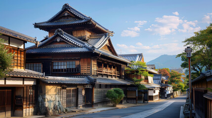 Naklejka premium Traditional Japanese wooden houses on a quiet street, showcasing classic architecture with mountain and sky backdrop.