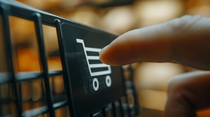 Close-up of hesitant finger hovering over 'Add to Cart' button on blurred webpage with selective focus, online shopping concept.