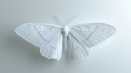 An elegant sculpture of a white moth with detailed wing design, presented on a soft, light...