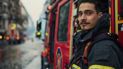 Confident Male Firefighter Promotion Shot., Professional Environment, Diverse Workforce, Corporate Photography, Team Collaboration, Engaged Employees, Authentic Work Settings.