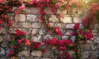 Naklejka premium Stone wall with bougainvillea