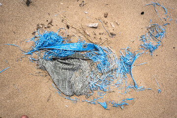 Plastic debris on a sandy beach. Severe pollution and environmental issues along the coastline. Paradoxically the shape of the debris resembles a whale.