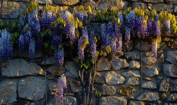 Stone wall draped with wisteria