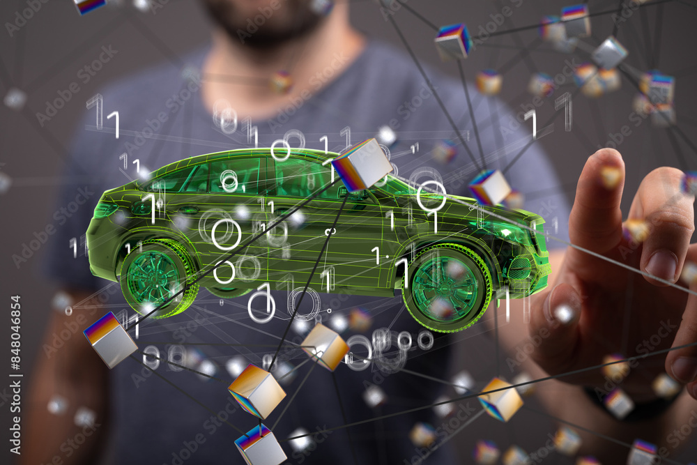 Poster Autonomous car with HUD graphic of Navigation system driving