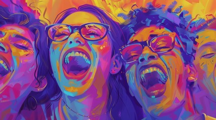 Fototapeta premium Close-up portrait of diverse friends displaying ecstatic joy with individual expressions.