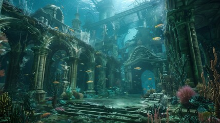 a dramatic underwater scene where an ancient city lies beneath the waves,