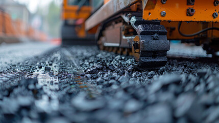 Close-up view of heavy construction machinery laying fresh asphalt on a road during a development project.