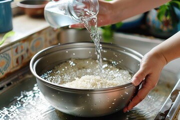 Fototapeta premium Hands pouring water into a bowl of rice to rinse it, a common practice in preparing rice for cooking