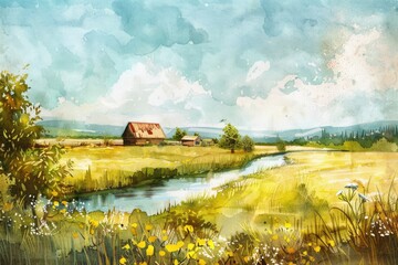Fototapeta premium Tranquil Countryside Scene: Farm Landscape with River, Vintage Table, and Hand-Drawn Watercolor Illustration
